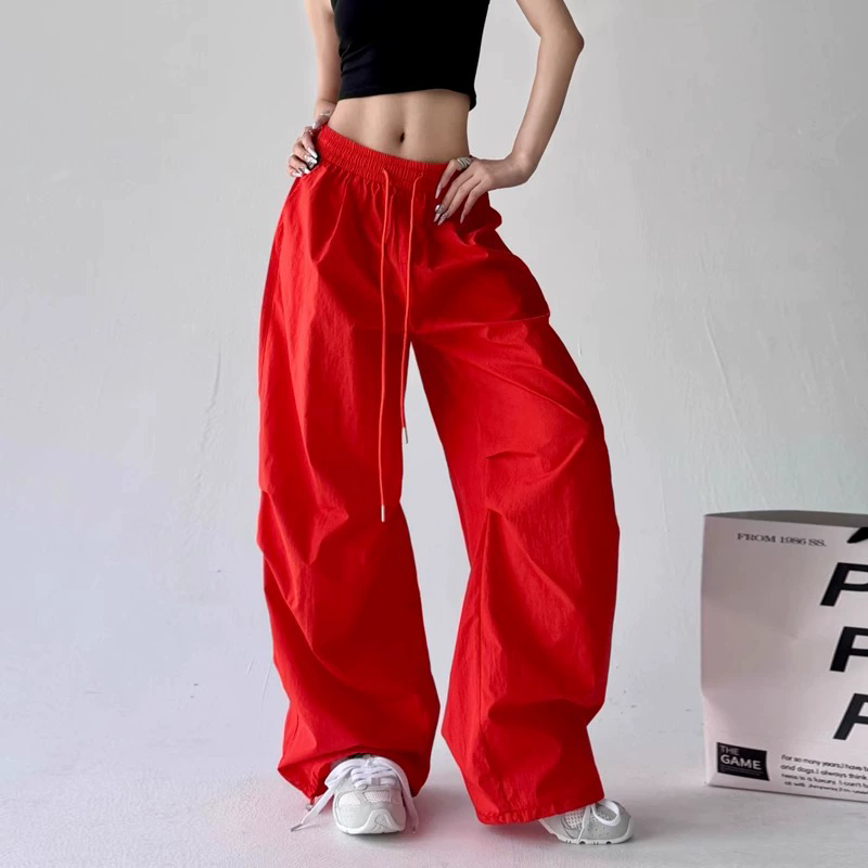 Fashion Style Retro Drawstring Pleated Paratrooper Pants Overalls Women's Loose Straight Casual Pants Trendy Trousers XXL Blue Red 4 Color Spring
