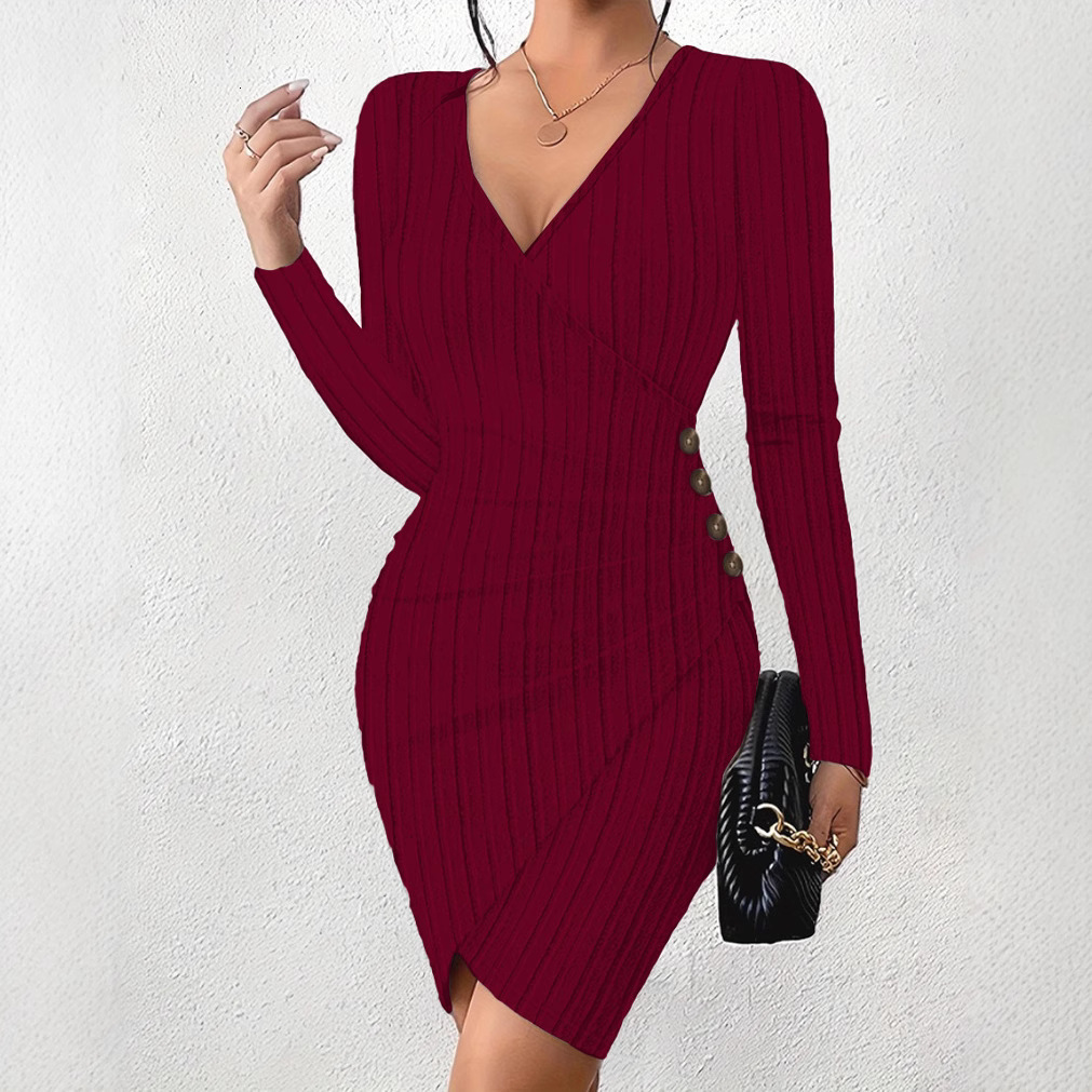 2023 autumn and winter new solid color V-neck tight fitting bag hip slimming sexy long sleeved dress for women
