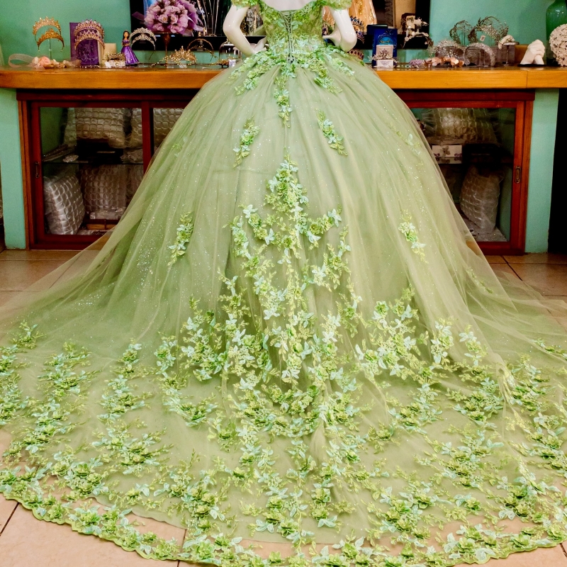 Sage Green Shiny Shiny Quinceanera Dresses Off Shoulder Ball Gown Sweet 16 Dress Applique Flower Beading Tull Corset Birthday Vestidos 15 De Anos