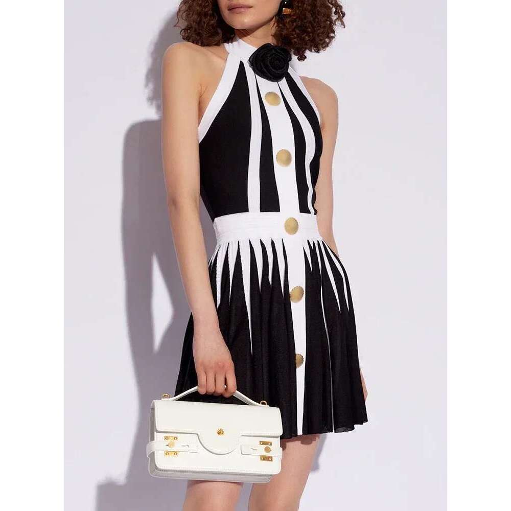 GPBD 2025 New Summer Women's Black And White Stripe Button 3D Rose Halter Backless Pleated Sexy Sleeveless Knitted Mini Dress