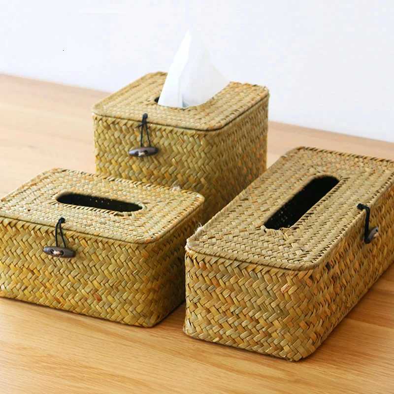 Straw Tissue Box Handmade Woven Rattan Napkin Holder Box Roll Paper Tray Car Living Room Storage Box Home Decor WFM251124