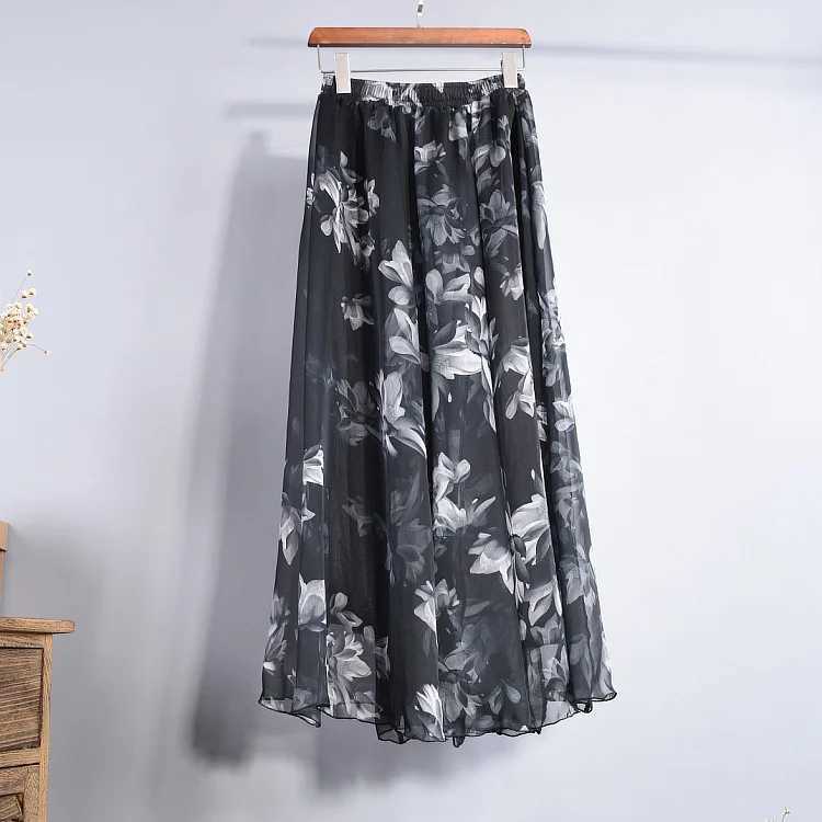 Floral print Bohemian womens retro style elegant chiffon temperature long leather summer beach high waist casual skiing M250424