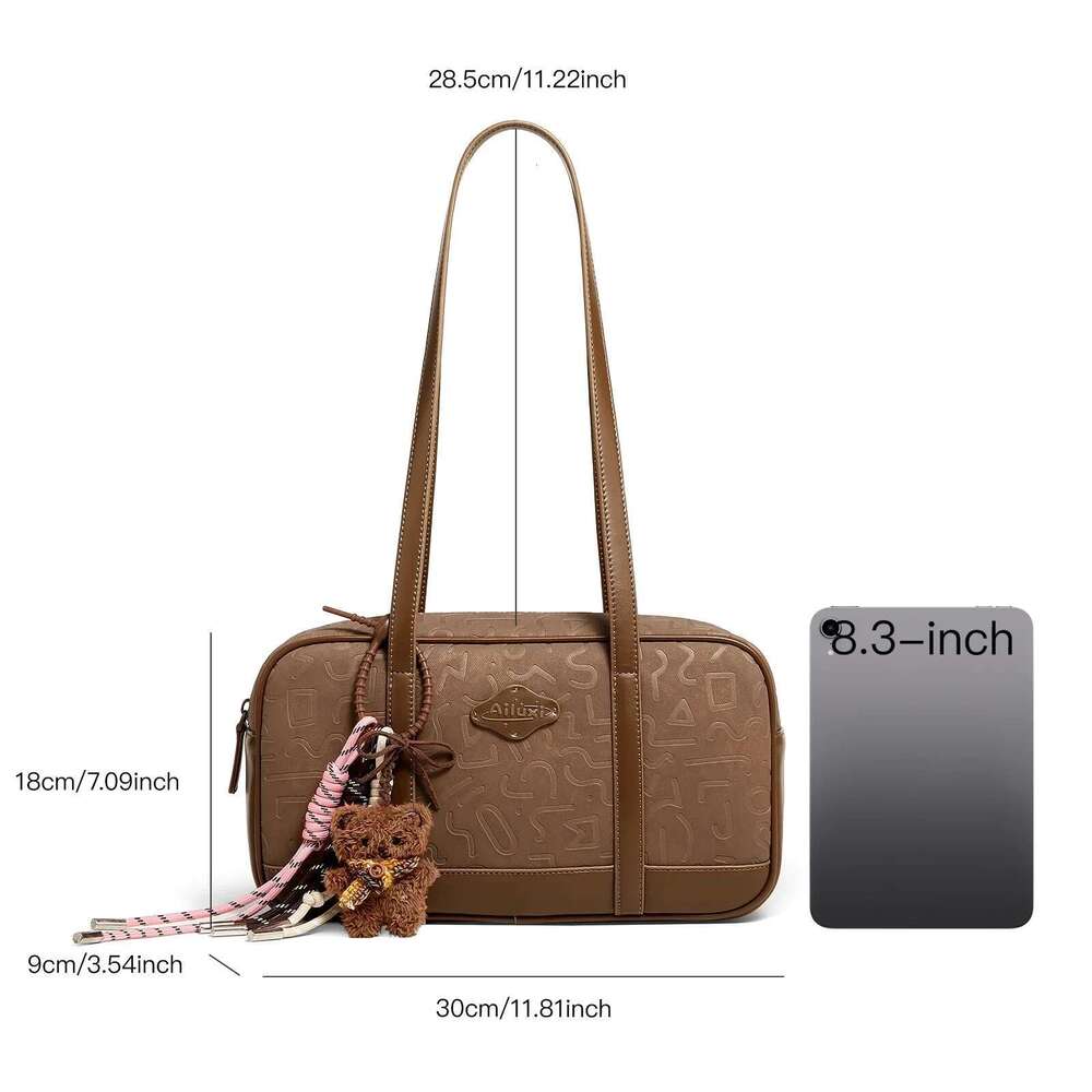 Designer Bag AILUXI Brown Bowling For Women Retro Emed Commuter Zipper Handbag With Cute Pendent Valentine Gift Ladies Shoulder Bag