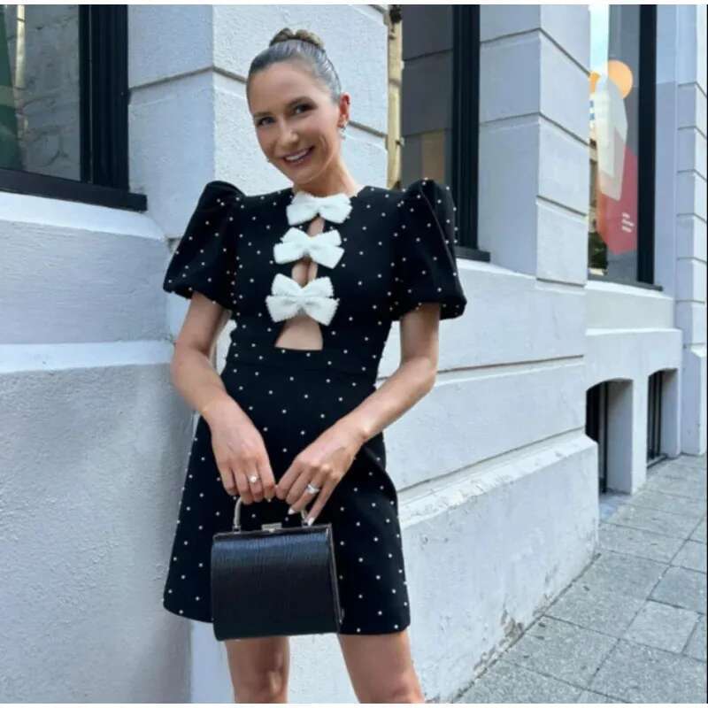 Bow Hollow Out Red Black Mini Dress Women Sexy Puff Sleeve O-Neck Party Dresses 2024 Summer New Elegant Shinny Robe Vestidos