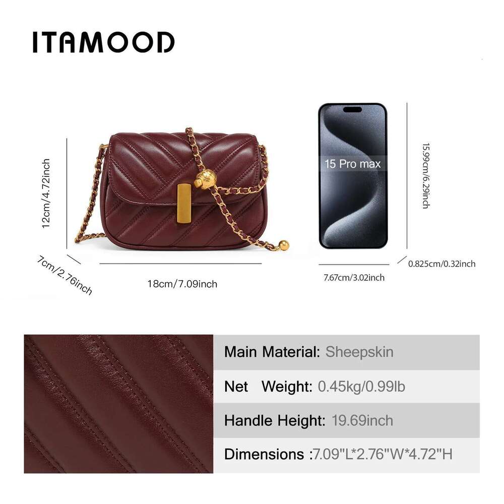 Designer Bag ITAMOOD Leather Quilted Bag, Chain Shoulder Handbag, Stripe Crossbody Bag