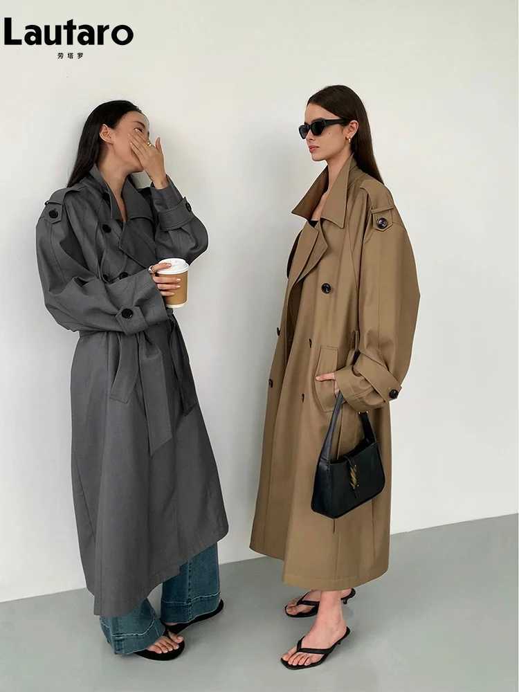 Lautaro Spring Autumn Oversized Khaki Long Grey Trench Coat for Women Double Breasted Loose Casual Korean Fashion Overcoat 2024 J251124