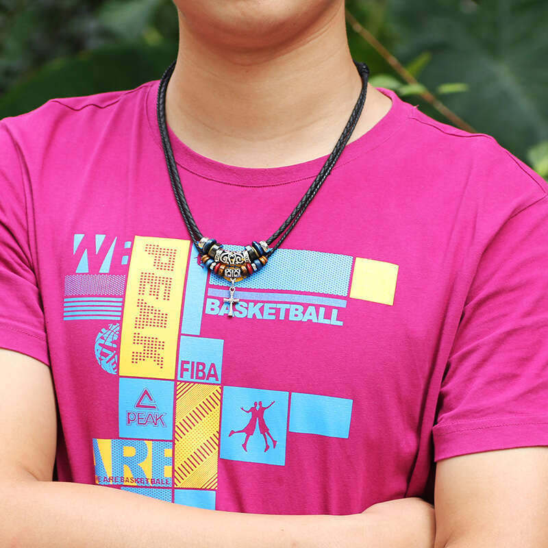 Creative alloy cross necklace woven leather rope wooden bead classic pendant with accessories