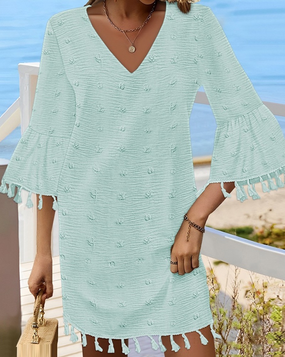 2025 New Spring and Summer Solid Color Simple V-neck Mid Sleeve Loose Tassel Dress for Women