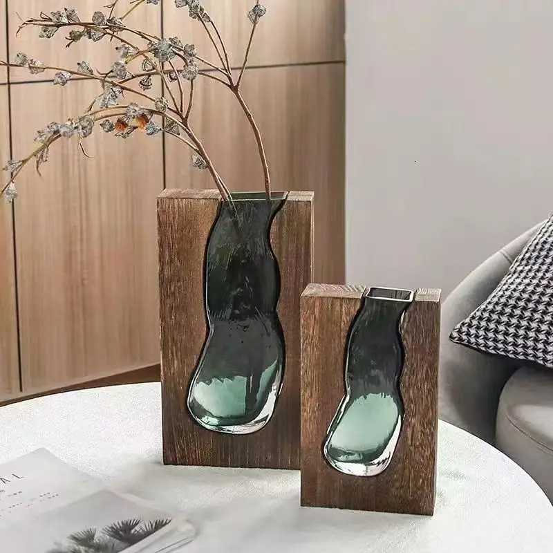 Solid Wood Transparent Glass Vase for Home Decor Crystal Flower Vase Modern Centerpiece for Living Room/Hotel Lobby Decoration C251124
