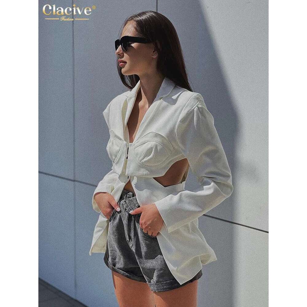 Clacive Sexy Slim White Women's Blouse 2025 Fashion Lapel Long Sleeve Shirt Elegant Classic Hollow Out Top Female Clothing