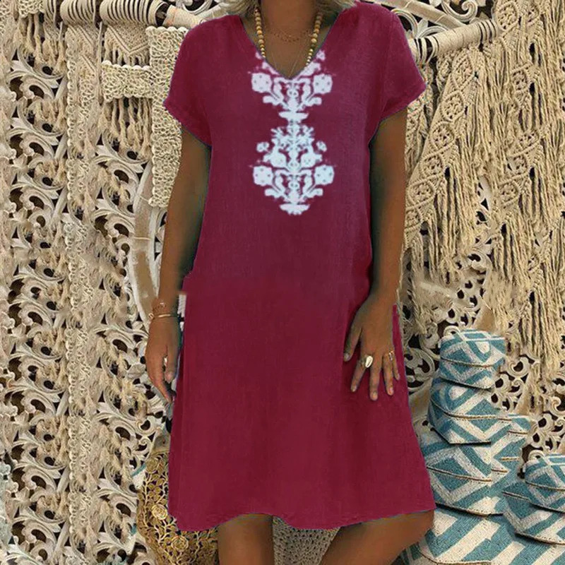 Fashionable printed loose spring/summer V-neck medium length cotton linen dress 250423