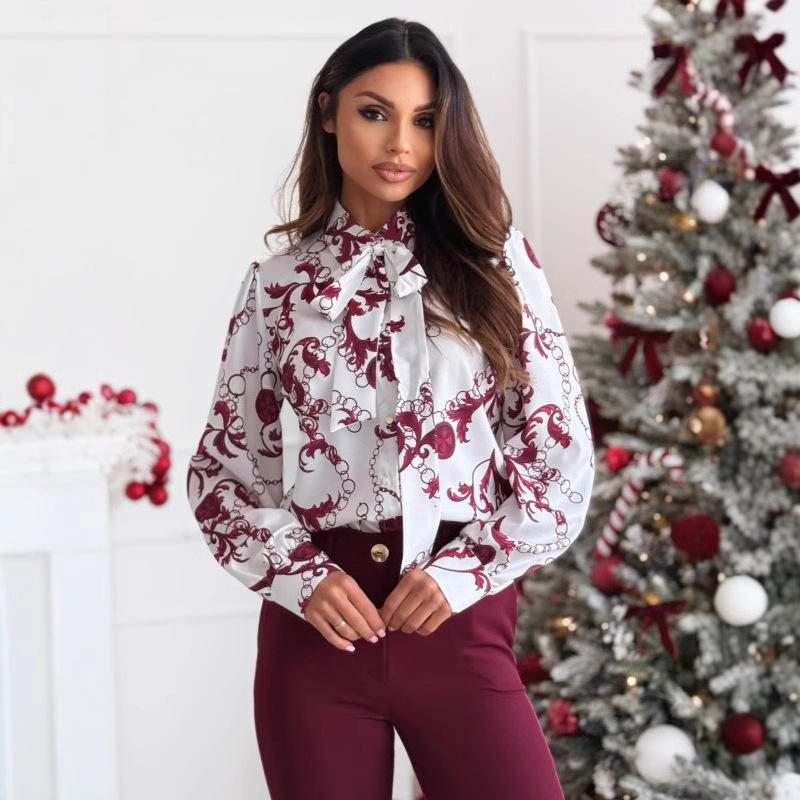 2024 new autumn simple and versatile printed long sleeved bow tie shirt top for women