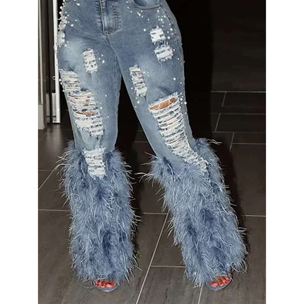 Fashion Women's Jeans Tassel Holes Viage Feather High Waist Y2k Streetwear Casual Denim Pant Spring Skinny Hollow Out Trousers