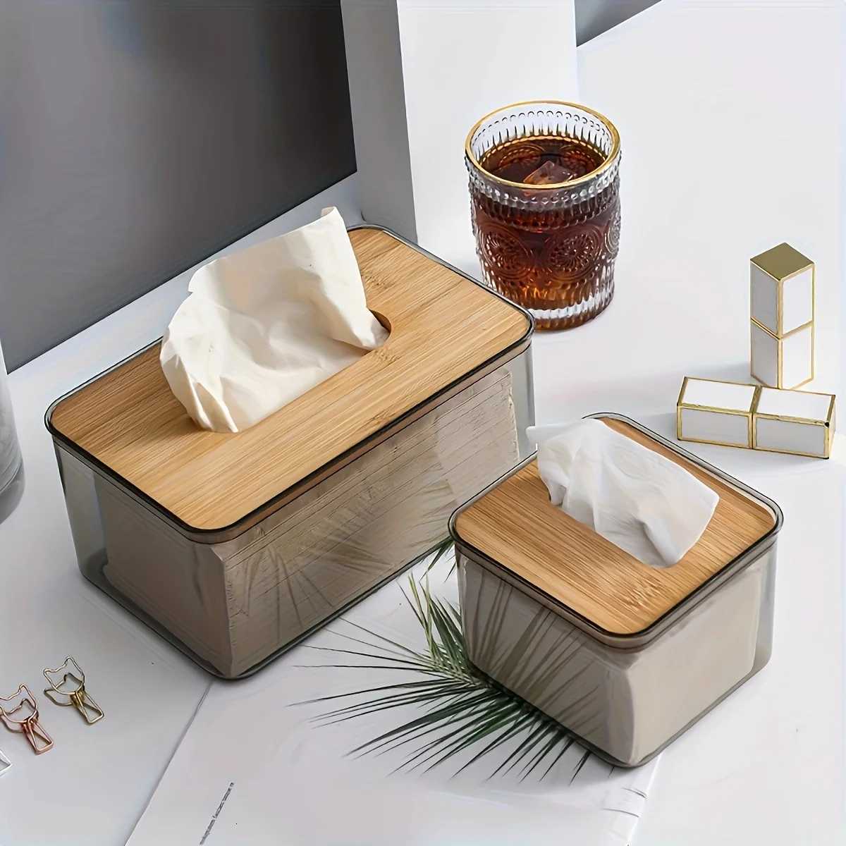 1pc-Multifunctional Tissue Holder Paper Box With Bamboo Cover Transparent Container Living Room Bedroom Tissue Storage BoxM251124