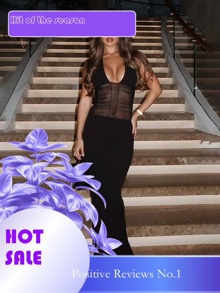 Dongdumaoyi Townlike Mesh Patchwork Slim Bodycon Dress Women Halter Spring Summer Maxi Long Backless Sexy Party Dresses