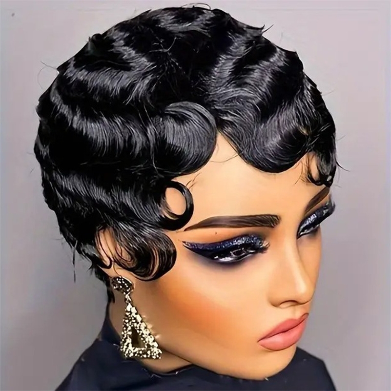 Short Finger Wave Wig Human Hair Wig For Women Brown Short Ocean Wave Wig Pixie Cut Wigs for Woman Natural Color 251106