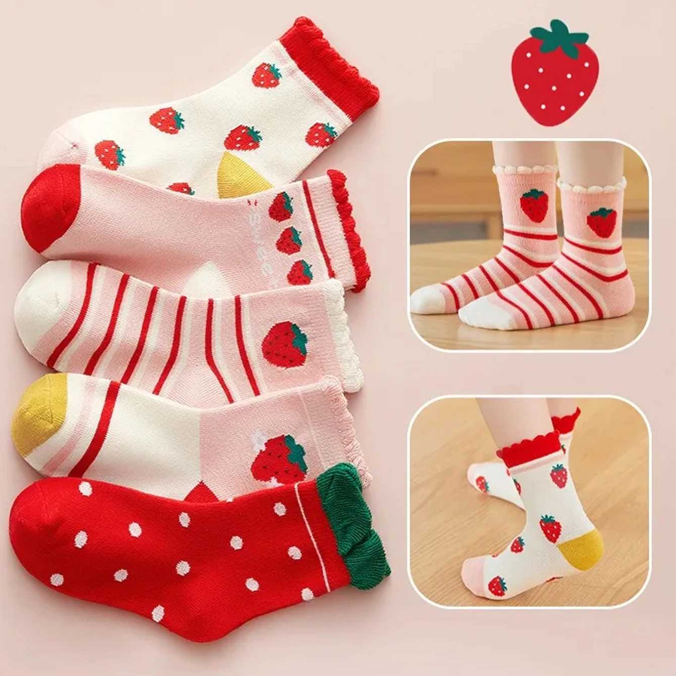 5Pairs Childrens Sweet Socks Autumn/Winter Medium and Large Childrens Socks Cute Strawberry Soft Girl s Middle Tube Socks G251124