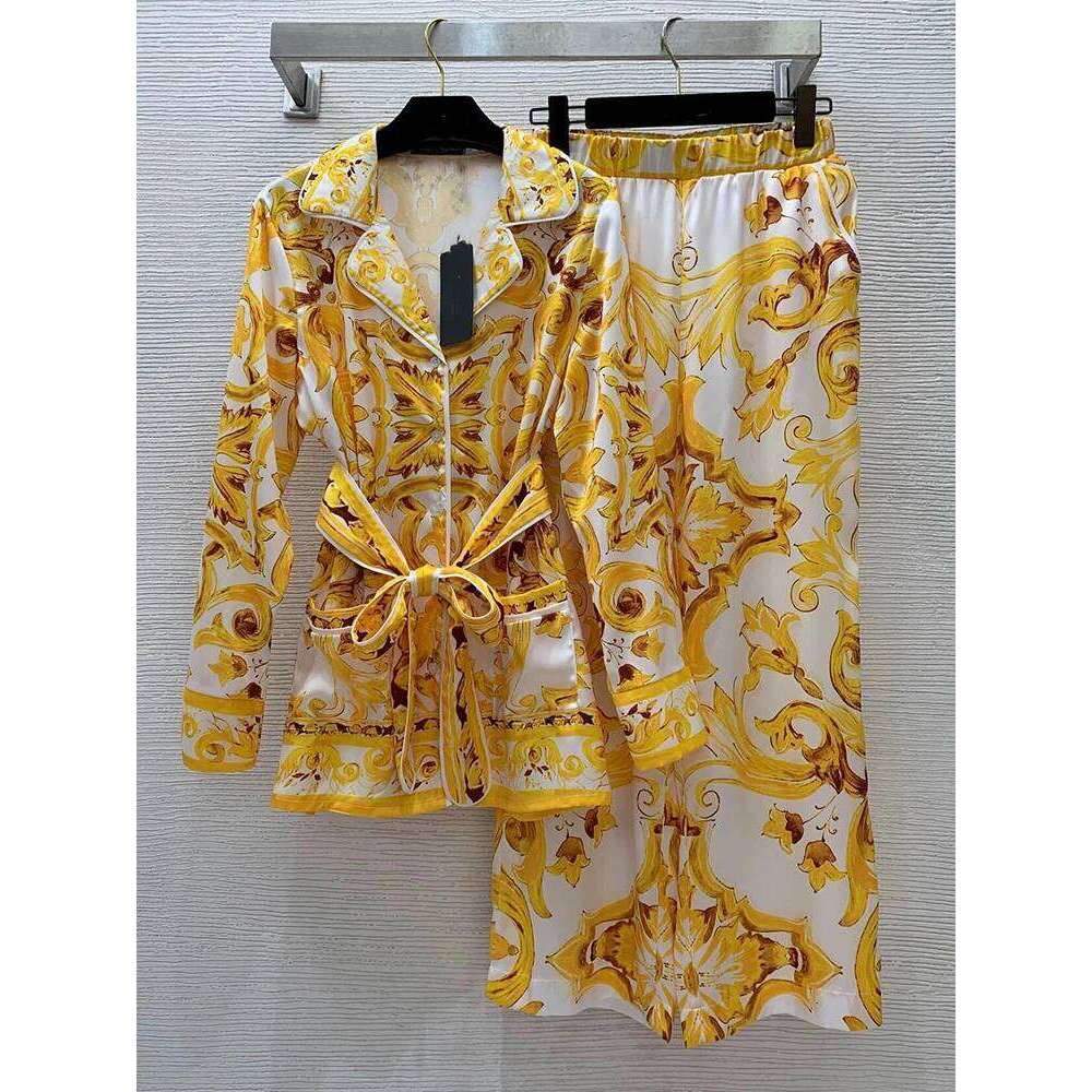 Women's Wear New Spring And Summer Geometric Printing Lapel Long-Sleeved Shirt+Elastic Waist Wide-Leg Trousers Casual Two-Piece Women's Suit