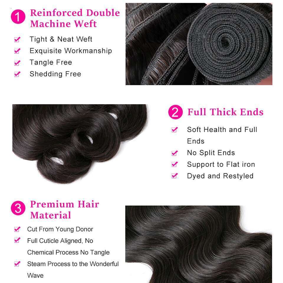 Beaufox Body Wave Brazilian Weave 3/4 Natural Human Hair Bundles With Closure