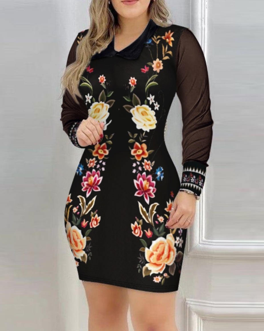 2025 autumn fashion mesh long sleeved V-neck slim fit printed dress for women