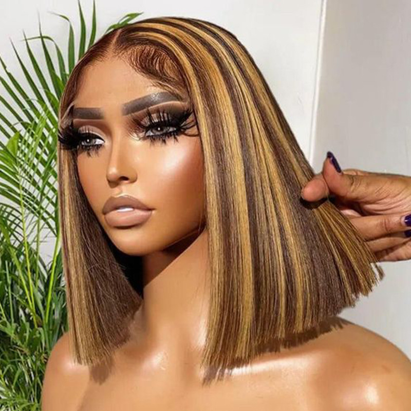 13x4 Highlight Blonde Hair Wigs Short Bob Pixie Cut Wigs Bone Straight For Women 280 Density Black Colored Lace Front Wig Transparent Lace Wig Transpa