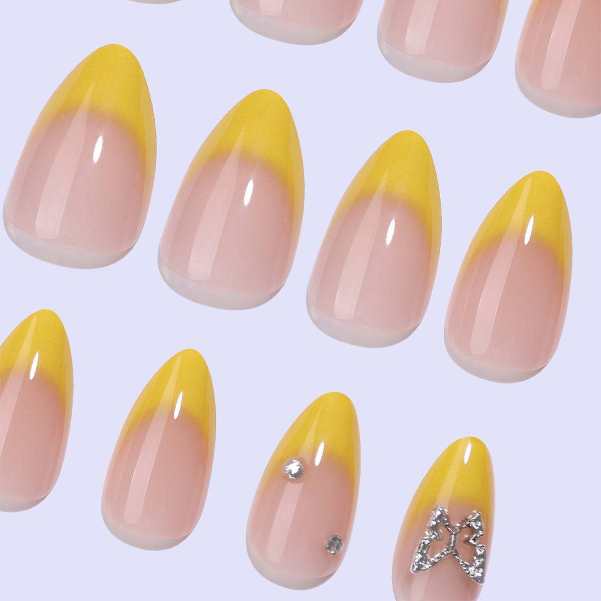 24 pieces of short press-on nails, yellow gradient with three-dimensional butterfly diamonds, fully covering almond nails, suitable as a gift for girl