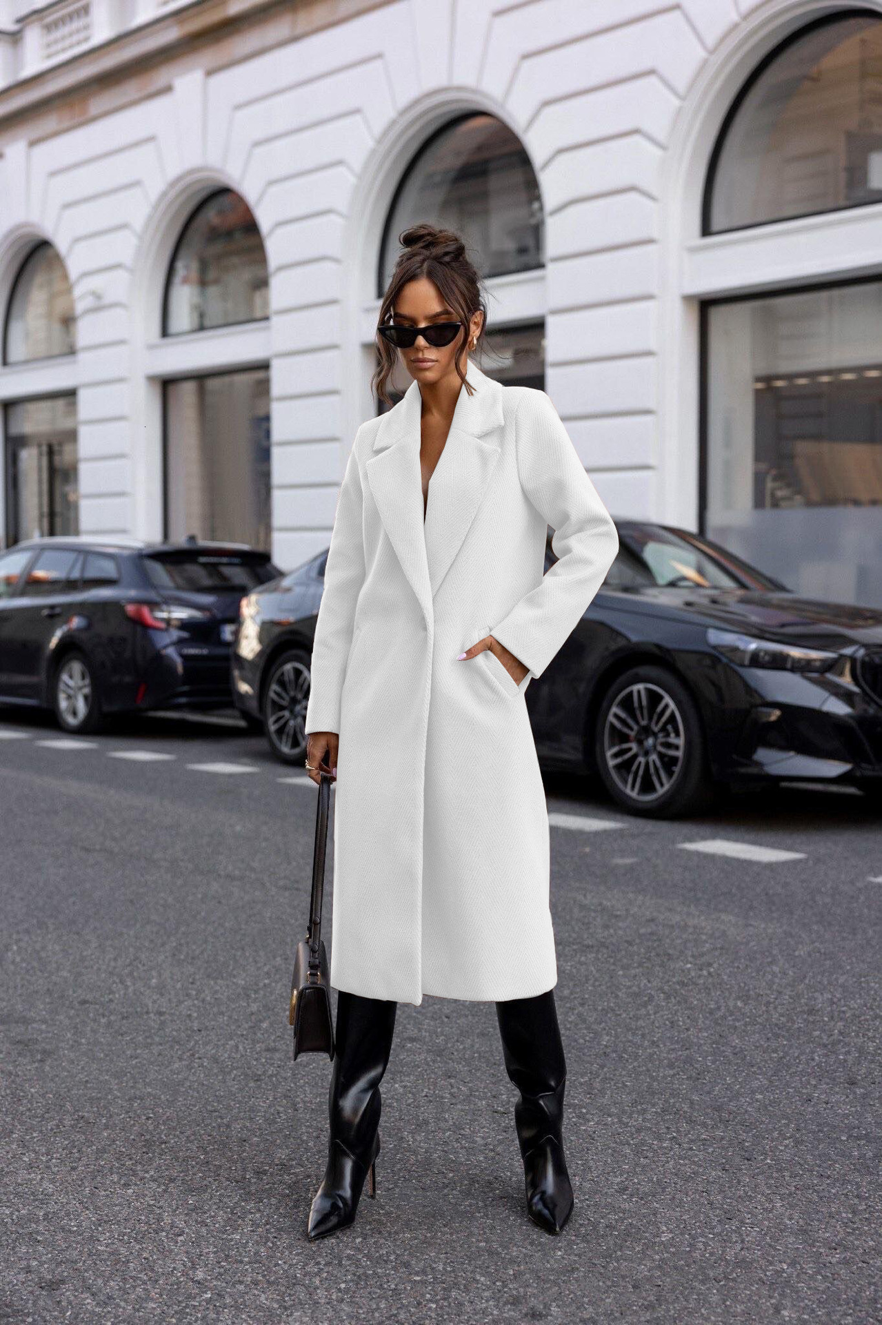 2024 Winter Simple Solid Color Long Sleeve Medium Long Woolen Coat Womens Wear