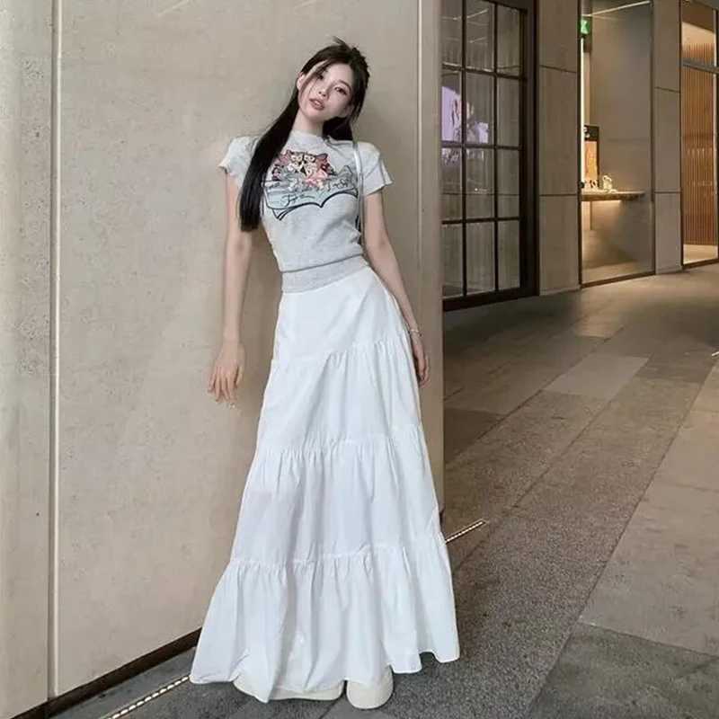 Y2k womens skiing retro high waisted elastic patch work white chic long cake A-line skiing streetwear M250424