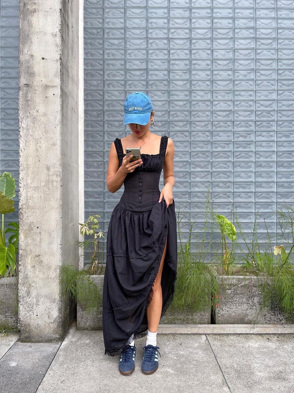 M140 New lazy holiday style pleated edge front button design super long dress goddess skirt big swing