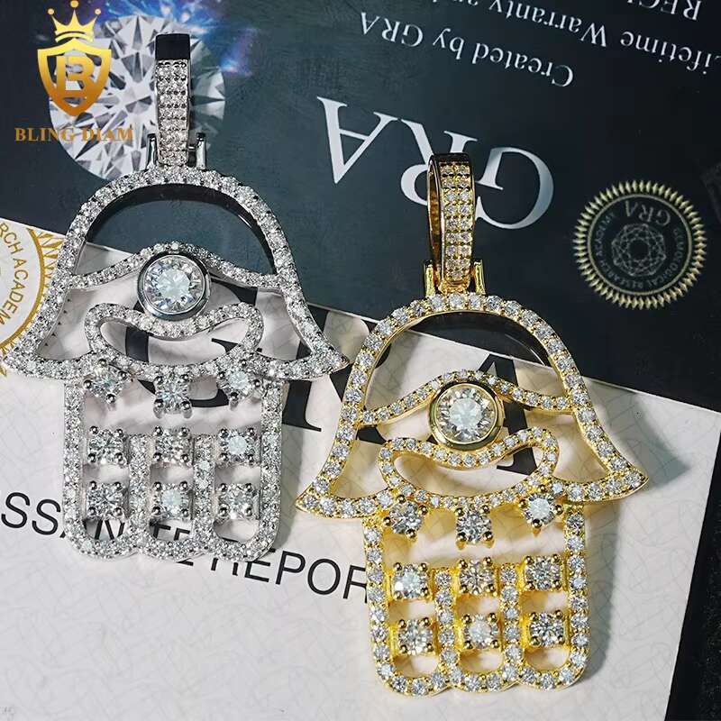 New Custom Hamsa Hand Pendant Hip Hop Jewelry VVS Moissanite 925 Silver Charm Pendant Pass Diamond Tester