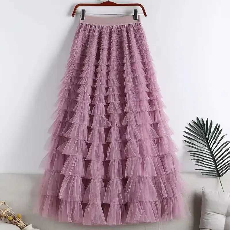 Chamliforve womens chiffon mesh skiing elegant elastic waist fairy long A-line Tutu skiing spring and summer long cake skiing M250424