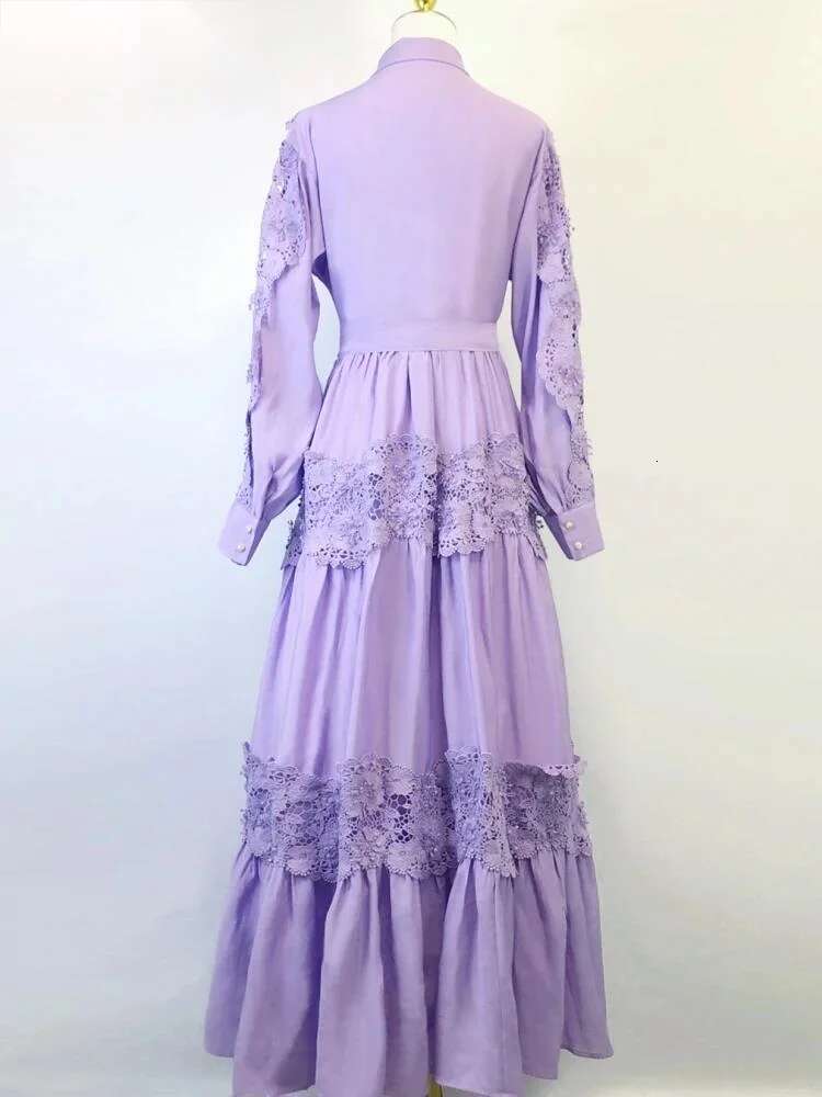 Autumn Lace Flower Embroidery Long Sleeve Maxi Evening Dresses Shirt Women Single Breasted Prom Wedding Party Vestidos