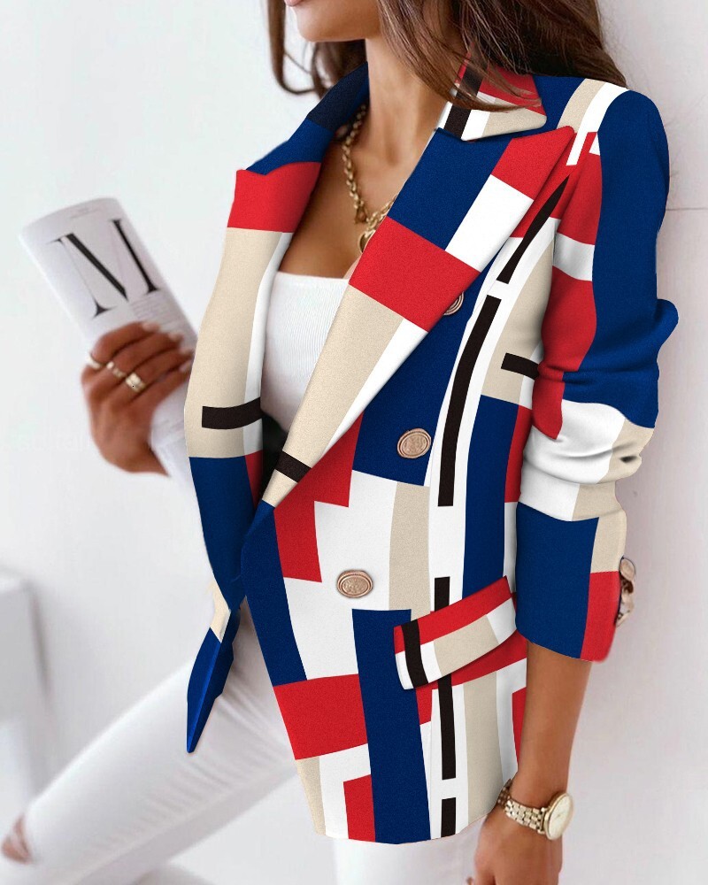 2021 new autumn winter long sleeved double breasted printed suit jacket