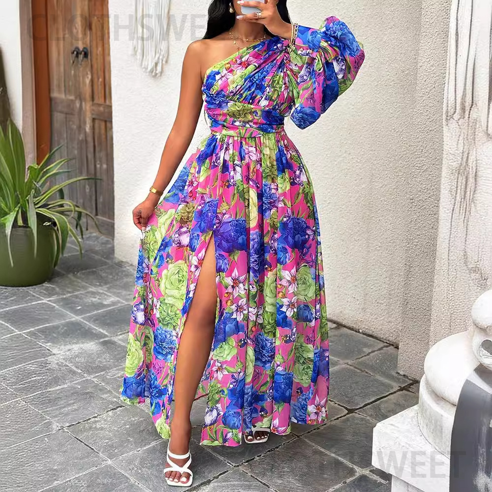 2024 new fashionable off shoulder long lantern sleeve printed dress for womens wear