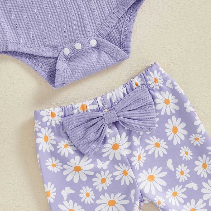 Clothing Sets 2024-05-23 Lioraitiin Baby Girl 3 Piece Fall Outfit Long Sleeve Ribbed Romper Flare Pants Bow Headband R250424