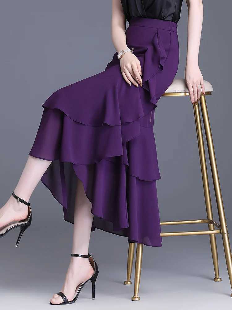 ZUZK Fashion Irregular Tail Chiffon Skiing Elegant High Waist Summer Luxury Party Skiing Women Ruffle Long Skiing M250424