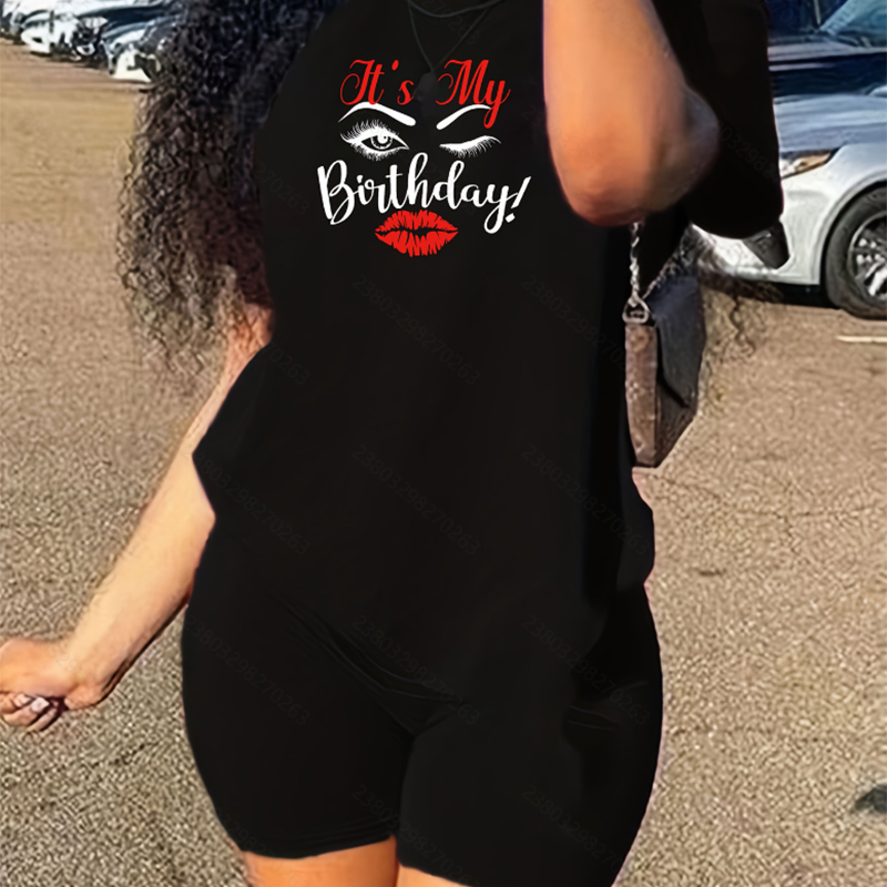 It's My Birthday Graphic Letter Print 2-Piece Outfit (T-Shirt + Shorts) - Women's Casual Loose Fit Birthday Party Set A7181