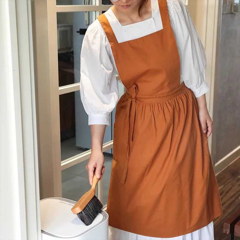 Long Cotton Pleated Womens Kitchen Apron with Pocket for Cooking Baking Cross-back Dress Work Apron for Beauty Salon Nail Shop C251124