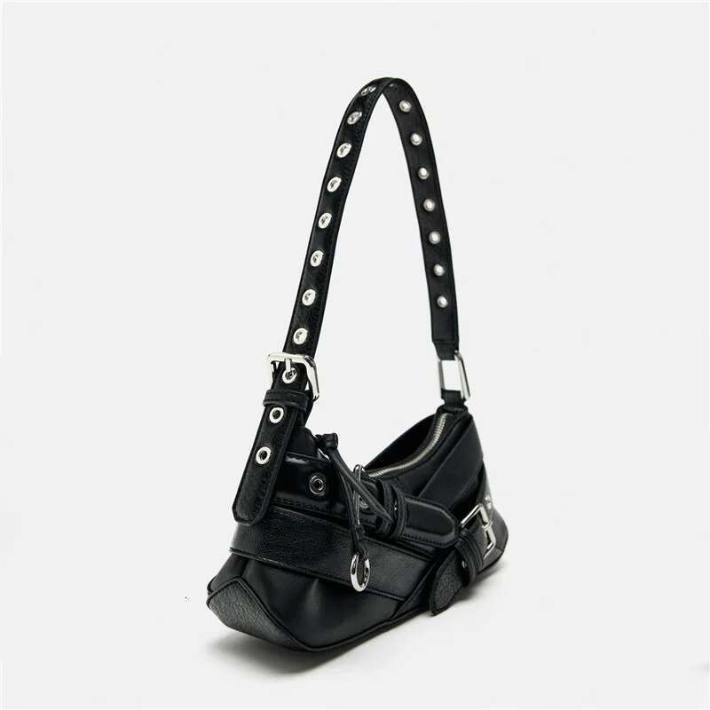 Designer Bag Y2k Fashion PU Leather Shoulder Bags For Women Punk Belt-Decor Locomotive Lady Underarm Bag High-End Female Handbags Black Brown