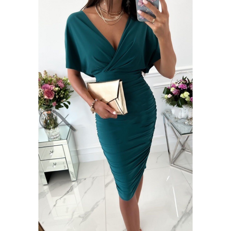 2022 Summer Solid Color V-neck Sexy Bag Hip Dress Womens Short Sleeve