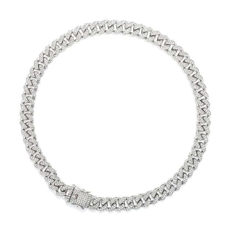 Hip Hop Shiny 12MM Cuban Link Chain Necklace Women Men Silver Color Rhinestone Iced Out Cuban Chain Punk Jewelry Necklace Gift
