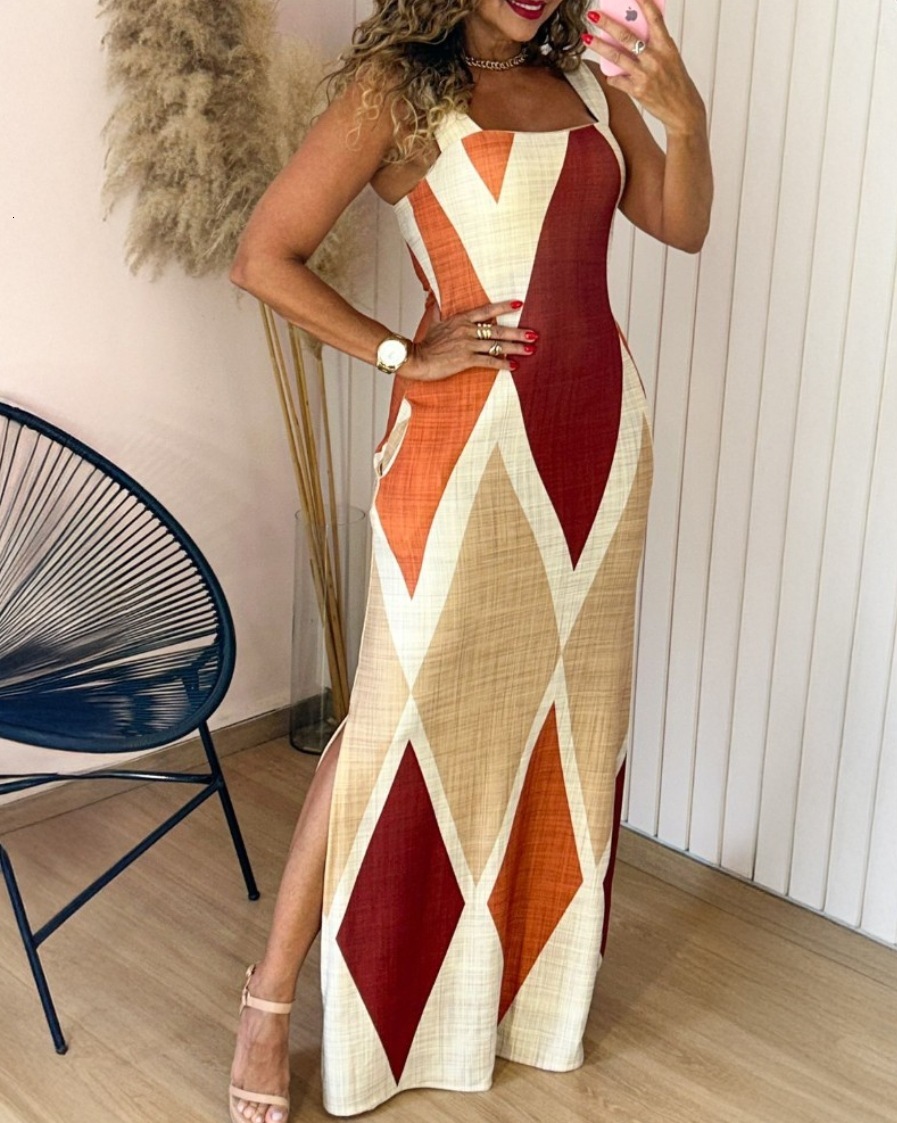 2025 summer new sleeveless contrasting sexy slim fit split commuter dress for women
