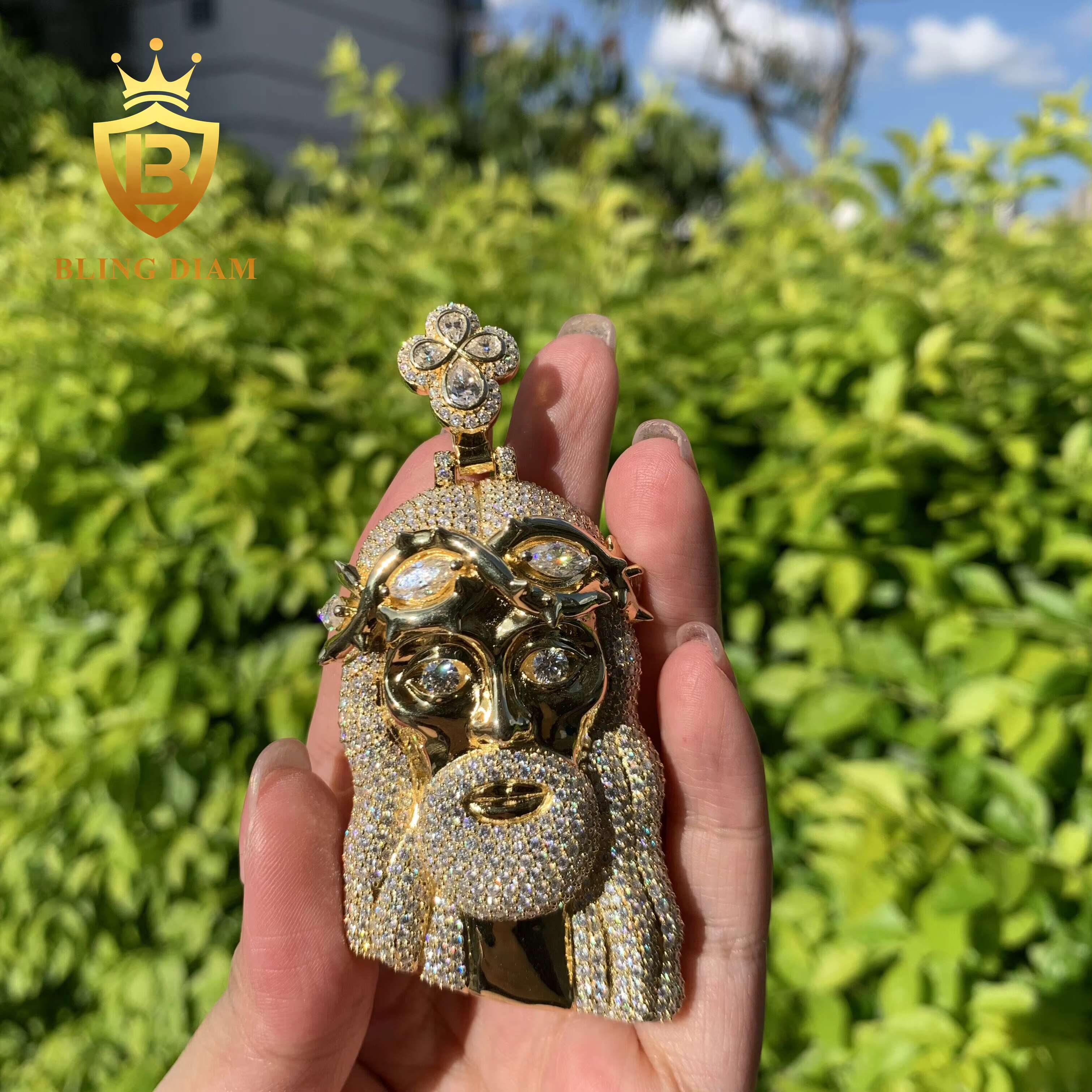 Fashion Hip Hop Pendant D VVS Moissanite Iced Out 3.29inch Jesus Head 925 Sterling Silver Moissanite Pendant