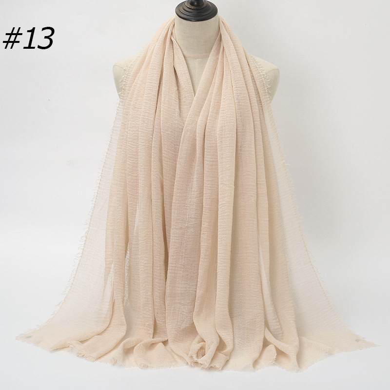 K496 Hot sale wrinkled solid color cotton headscarf factory source cotton and linen wrinkled fur edge ladies scarf BS414