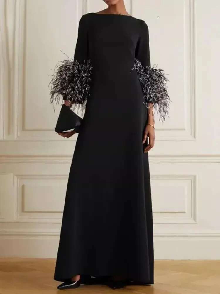 Female Solid Color Floor Length Wrap Dress Feathers Half Sleeve Boat Neck Elegant Pleated Evening Dresses For Women