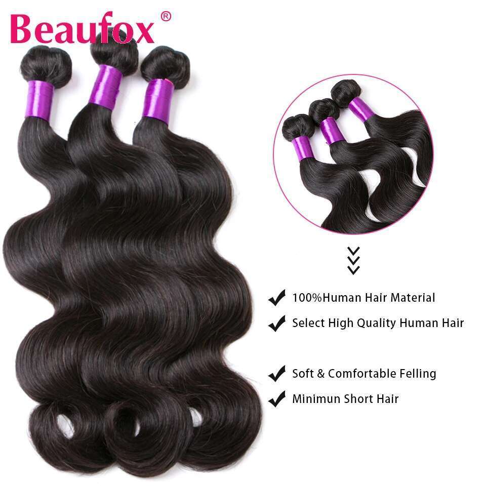 Beaufox Body Wave Brazilian Weave 3/4 Natural Human Hair Bundles With Closure
