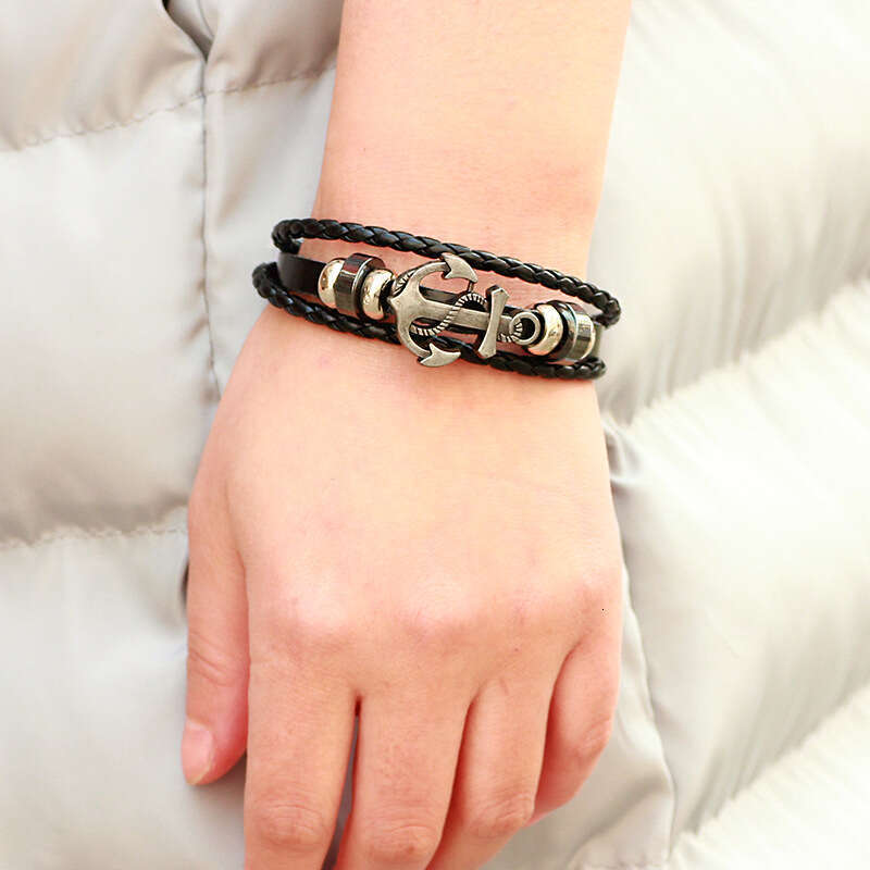Multi layer Weaving Versatile Personalized Pirate Wind Ship Anchor Chain Leather Bracelet