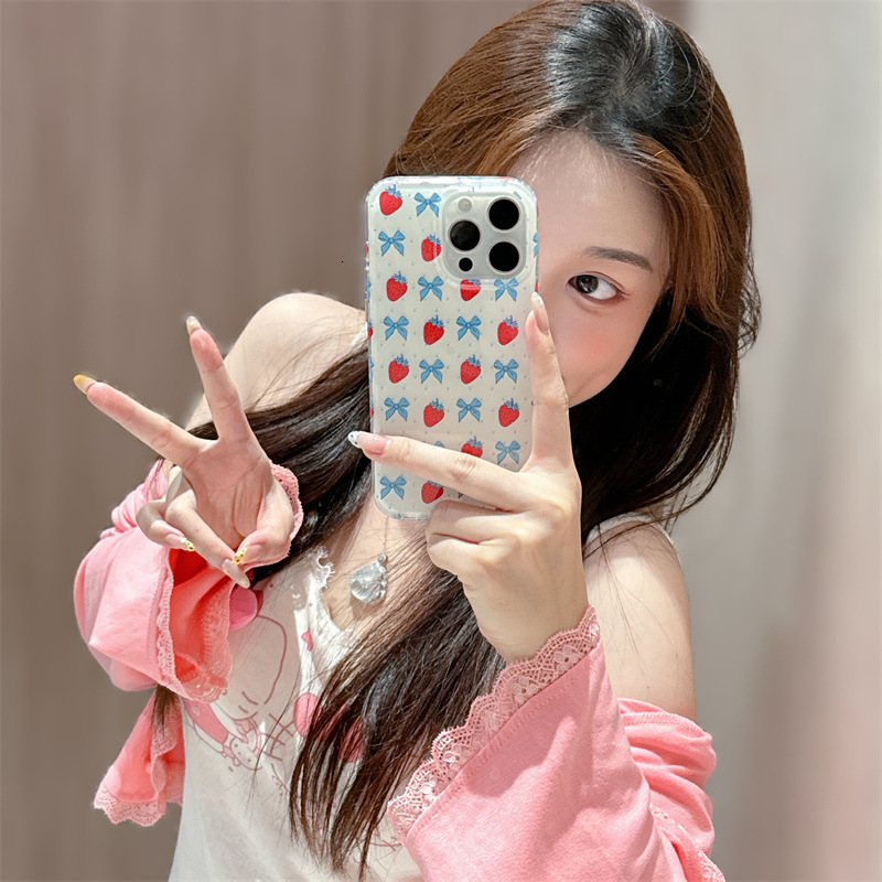 Polka Dot Bow Strawberry Phone Case Compatible iPhone 17/16 Pro Max Shockproof Protective Case iPhone 15/14
