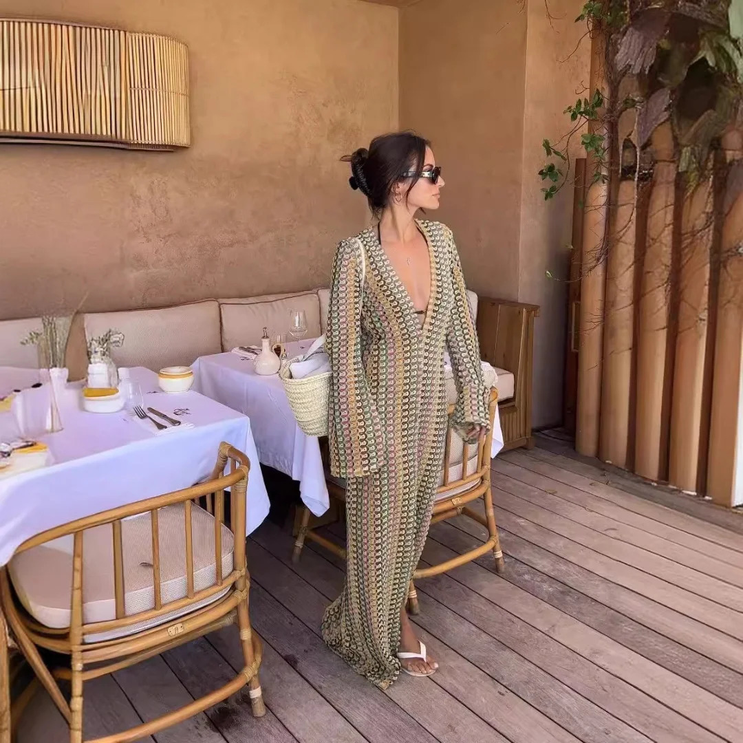 Crochet Colorful Stripe Maxi Dress Women Flare Sleeve Deep V-neck High Split Sexy Long Dresses Autumn Beach Banquet Vestidos 251121