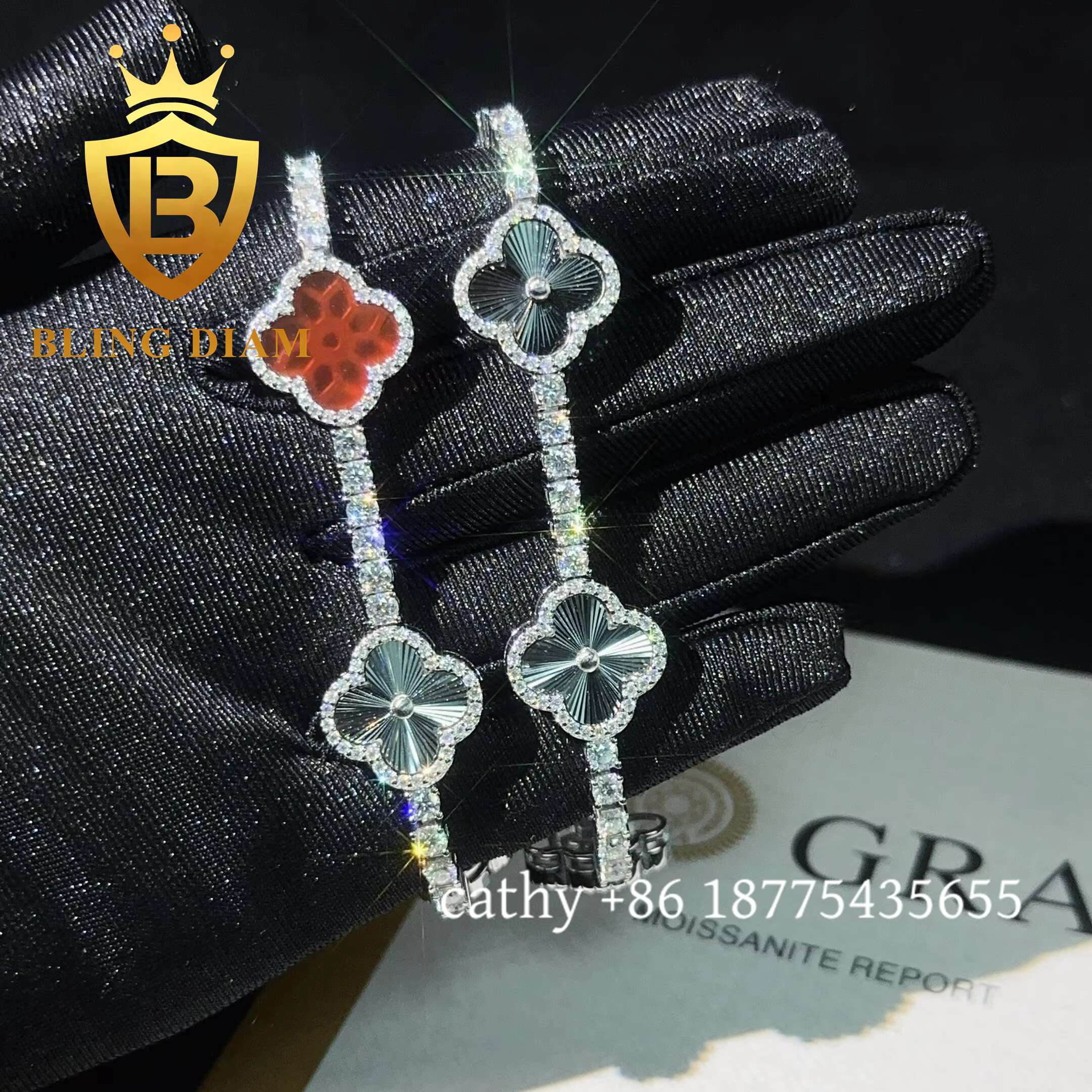 Fashion Clover Moissanite Tennis Chain Bracelet 925 Sterling Silver 3mm Moissanite Bracelet Pass Diamond test for Men Women